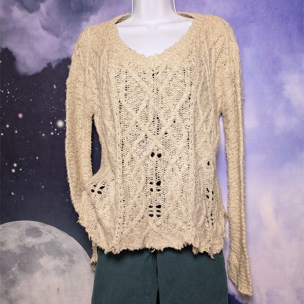 Cream Open Knit Distressed Sweater Womens S Boho Fairy Grunge Festival Raw Hem